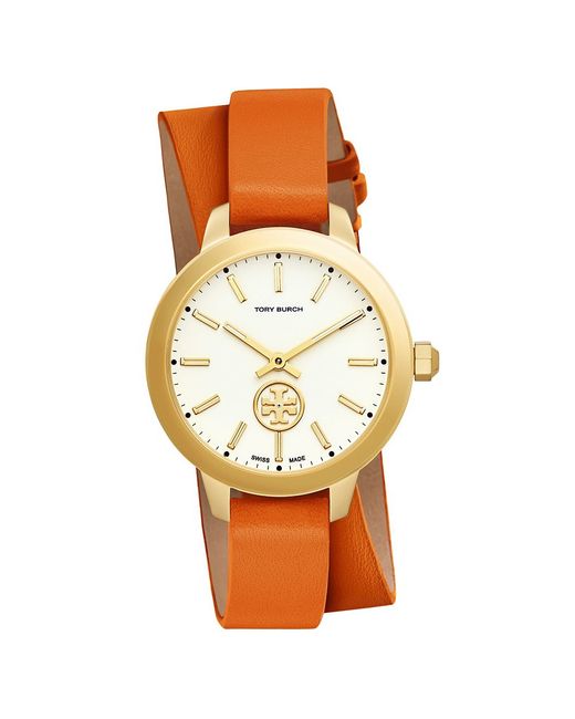 Tory Burch Metallic Collins Double-wrap Watch, Orange Leather/gold-tone, 32 Mm
