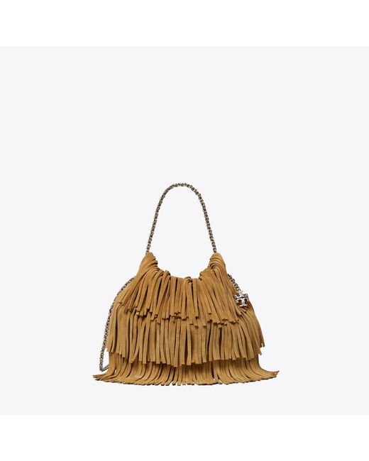 Tory Burch Natural Mini Fleming Suede Fringe Hobo Bag, One Size