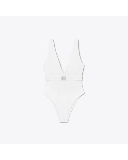 Tory Burch White Belted Logo Swimsuit