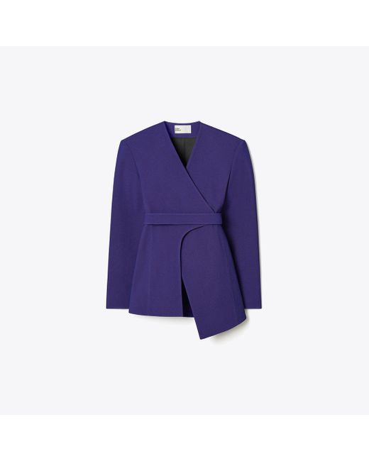 Tory Burch Blue Asymmetrical Pique Wrap Jacket