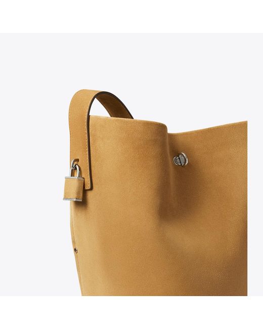 Tory Burch Brown Lock Slim Suede Bucket Bag, One Size