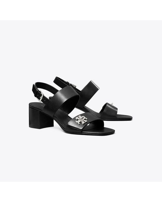 Tory Burch Black T Lock Heel Sandals 55Mm Wedge Shoes, Leather