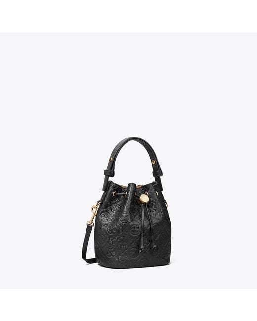 Tory Burch Black T Monogram Pebbled Mini Bucket Bag