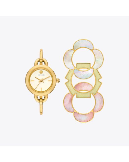 Tory Burch Metallic Interchangeable Floral Top Ring Bangle Set