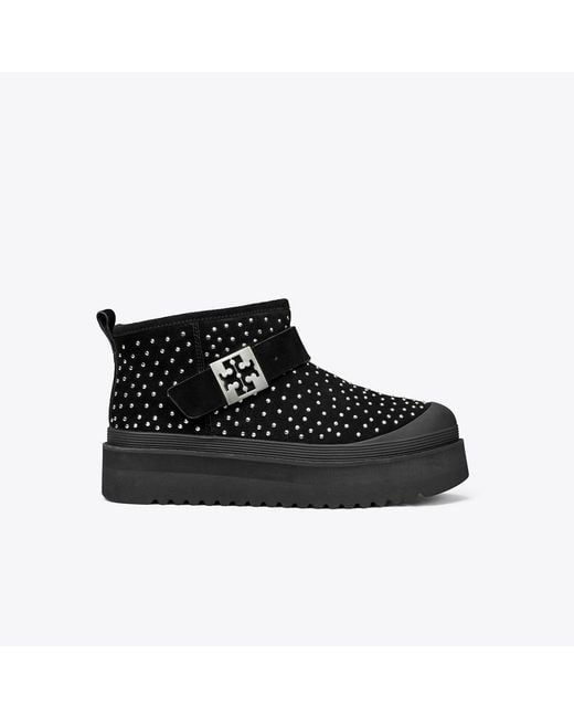 Tory Burch Black Studded Suede Shearling-Lined Platform Boots