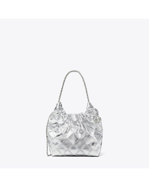 Tory Burch Gray Mini Fleming Metallic Hobo Bag, One Size