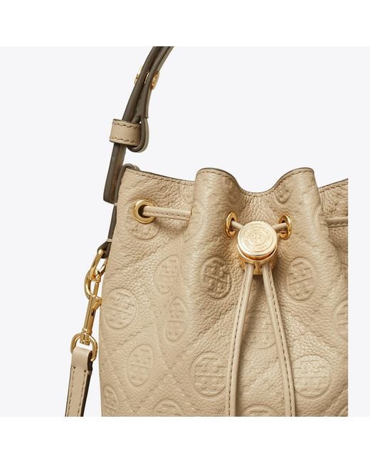 Tory Burch Natural T Monogram Pebbled Mini Bucket Bag, One Size