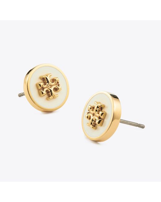 Tory Burch White Icon Enamel Circle-Stud Earrings