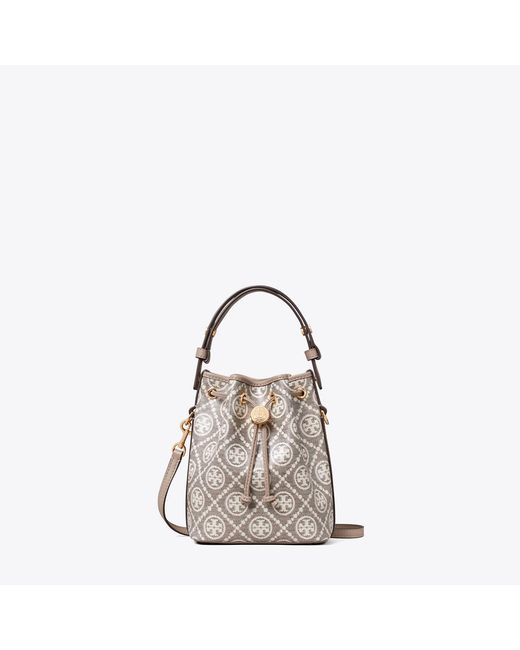 Tory Burch Natural T Monogram Coated Jacquard Mini Bucket Bag, One Size