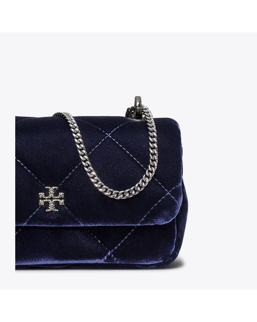 Tory Burch Blue Mini Kira Diamond Quilt Velvet Pavé Flap Bag, One Size