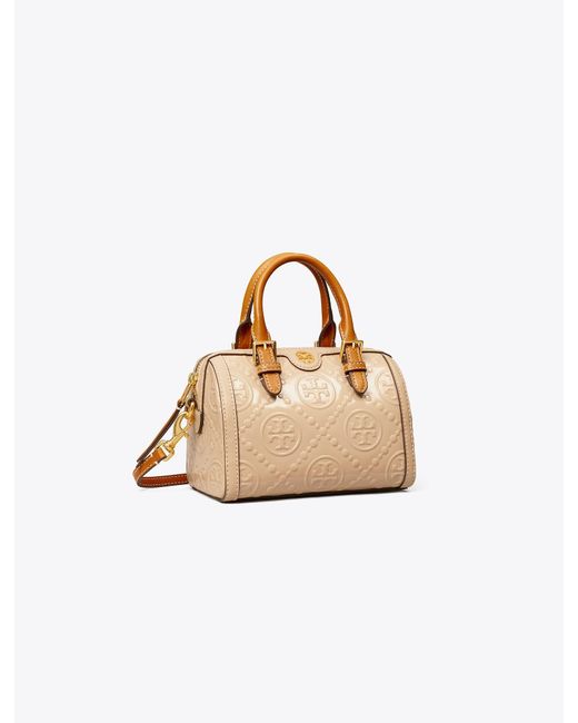 Tory Burch Metallic T Monogram Patent Embossed Petite Barrel Bag