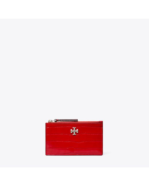 Tory Burch Red Kira Croc-Embossed Zip Card Case