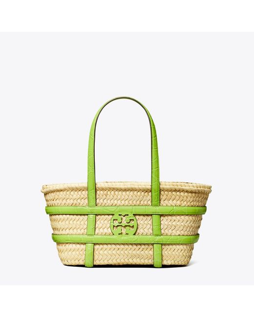 Tory Burch Green Small Ella Croc-Embossed Straw Basket, One Size