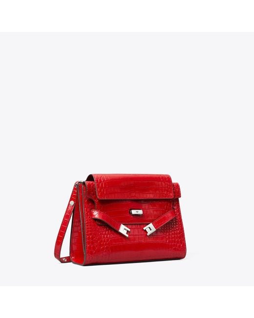 Tory Burch Red Lee Radziwill Croc-Embossed Shoulder Bag