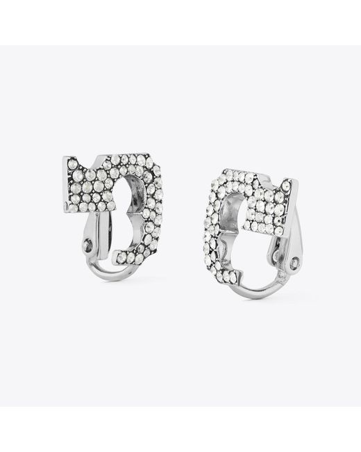 Tory Burch White Runway Pavé Serif T Clip-On Earrings, One Size