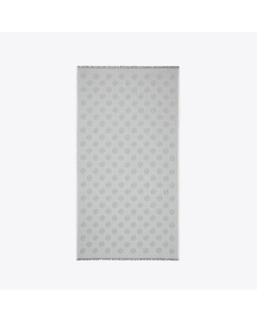 Tory Burch Gray Medallion Logo Oblong Traveler Scarf