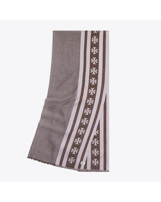 Tory Burch Brown Logo Stripe Oblong Scarf