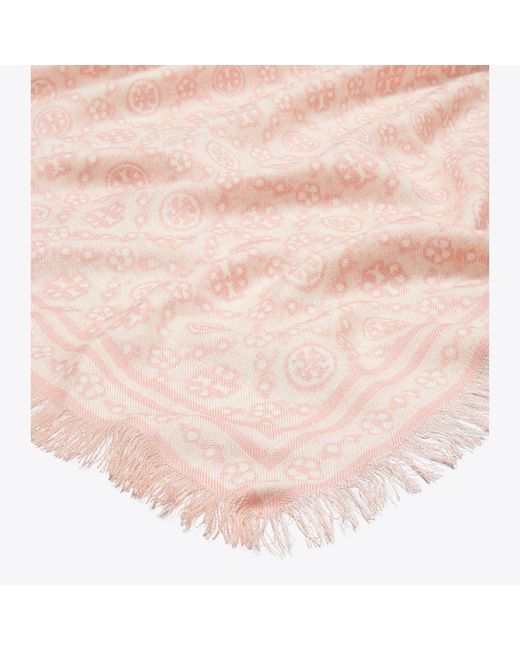 Tory Burch Pink T Monogram Floral Oblong Scarf