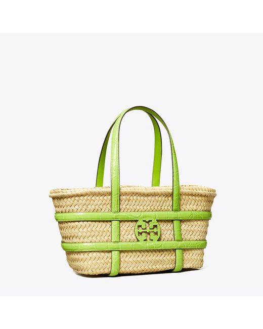 Tory Burch Green Small Ella Croc-Embossed Straw Basket, One Size