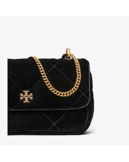 Tory Burch Black Mini Kira Diamond Quilt Velvet Pavé Flap Bag, One Size
