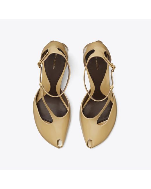 Tory Burch Metallic Peep-Toe T-Strap Heeled Sandal