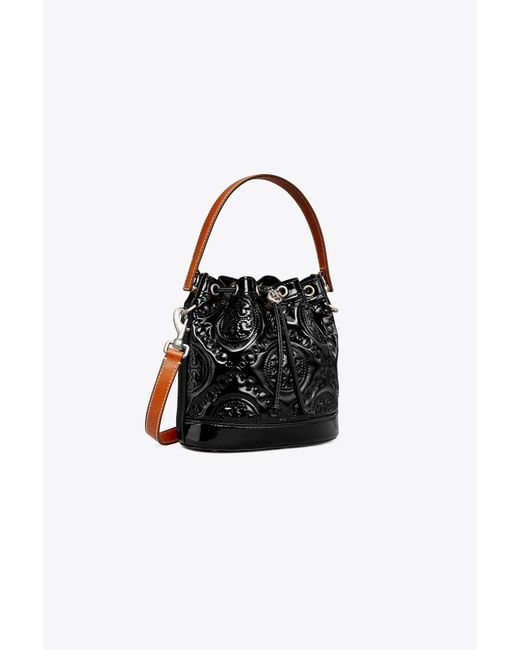 Tory Burch Black T Monogram Embroidered Patent Bucket Bag
