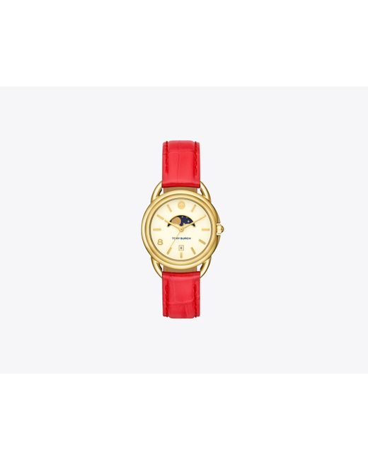 Tory Burch Red Miller Moon Watch With Leather Strap