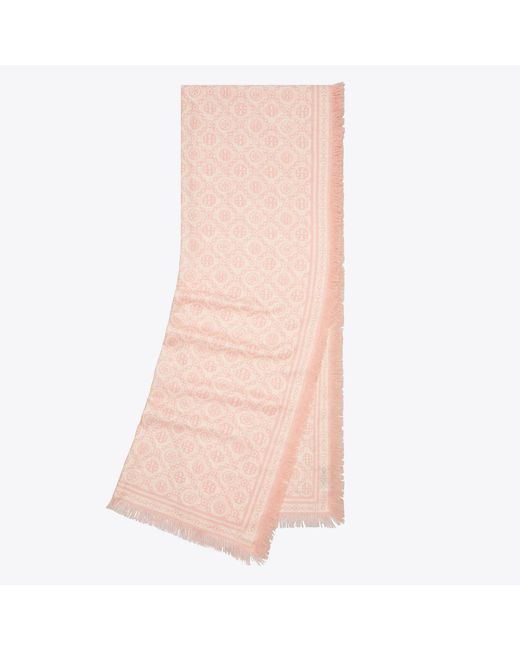 Tory Burch Pink T Monogram Floral Oblong Scarf