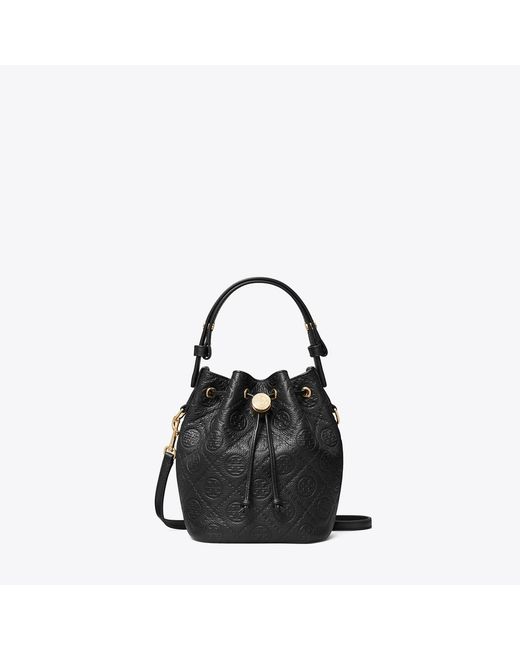 Tory Burch Black T Monogram Pebbled Mini Bucket Bag