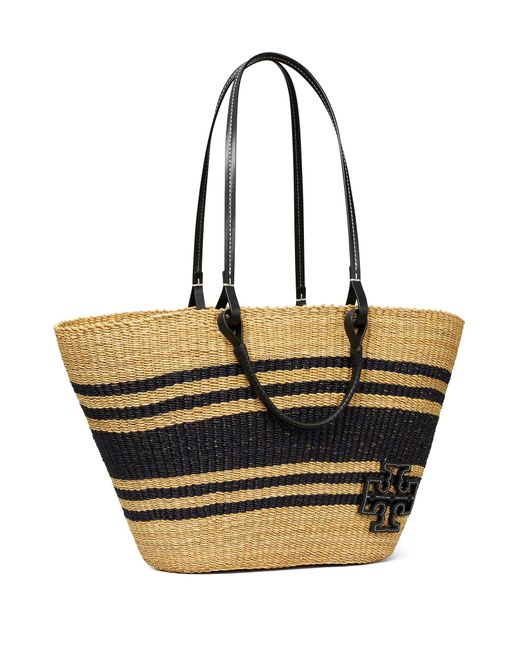 Tory Burch Ella Striped Straw Basket Tote in Natural / Black (Black) Lyst