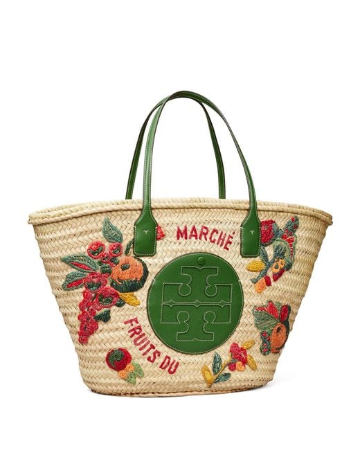 Tory Burch Green Ella Embroidered Straw Basket Tote Bag