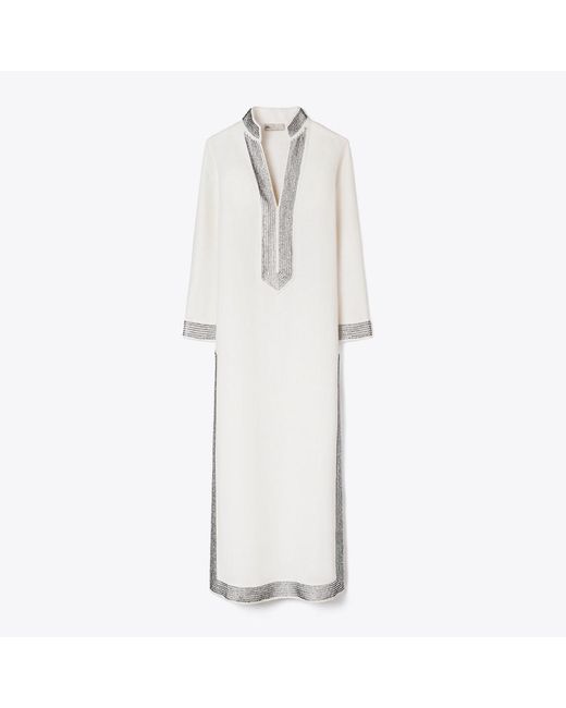 Tory Burch White Embellished Linen Caftan