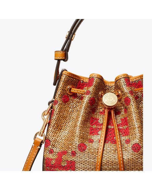Tory Burch Brown T Monogram Straw Mini Bucket Bag