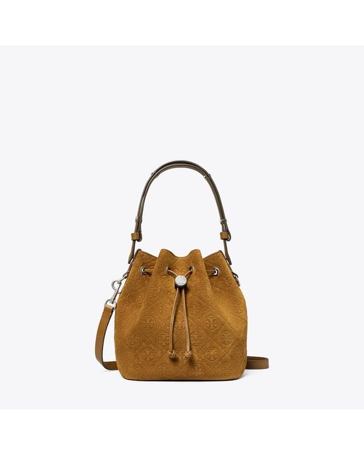 Tory Burch Brown T Monogram Suede Bucket Bag, One Size