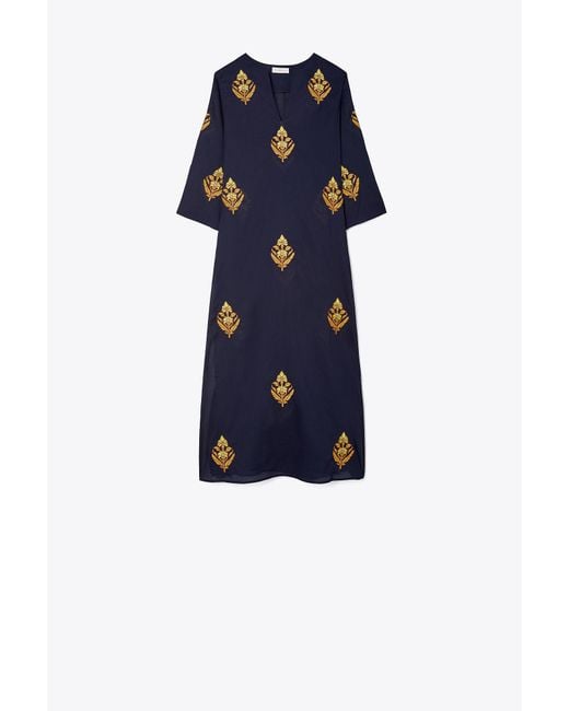 Tory Burch Blue Embroidered Cotton Voile Caftan