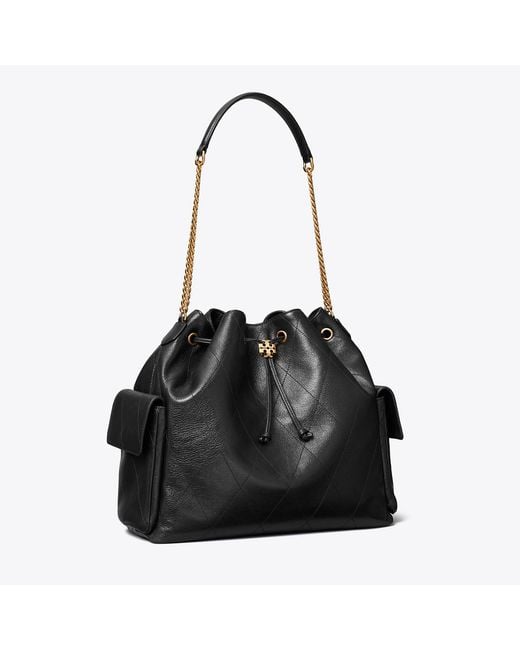 Tory Burch Black Large Charlie Quilted Drawstring Shoulder Bag, One Size