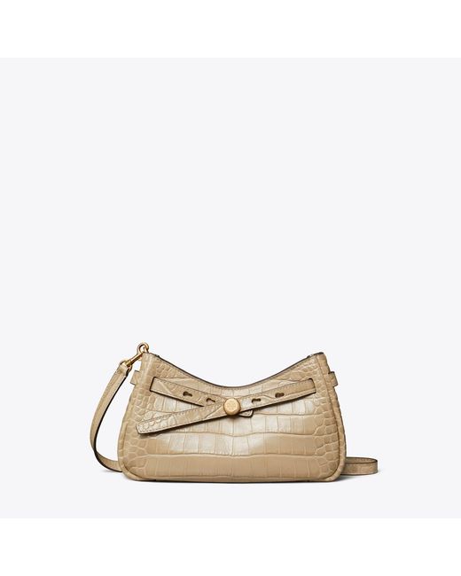 Tory Burch Natural Romy Croc-Embossed Zip Top Crossbody Bag