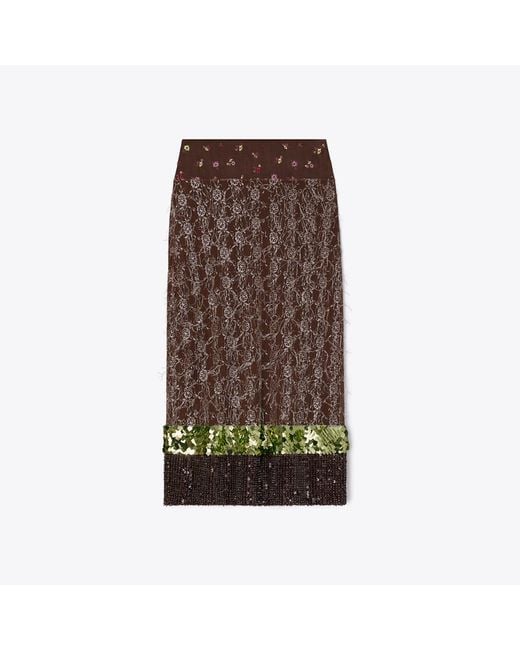 Tory Burch Brown Embellished Lace Skirt