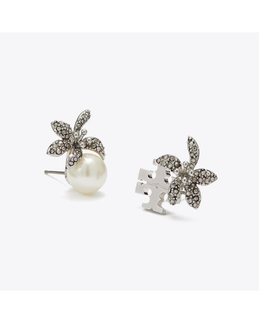Tory Burch White Moondance Pearl And Flower Stud Earrings