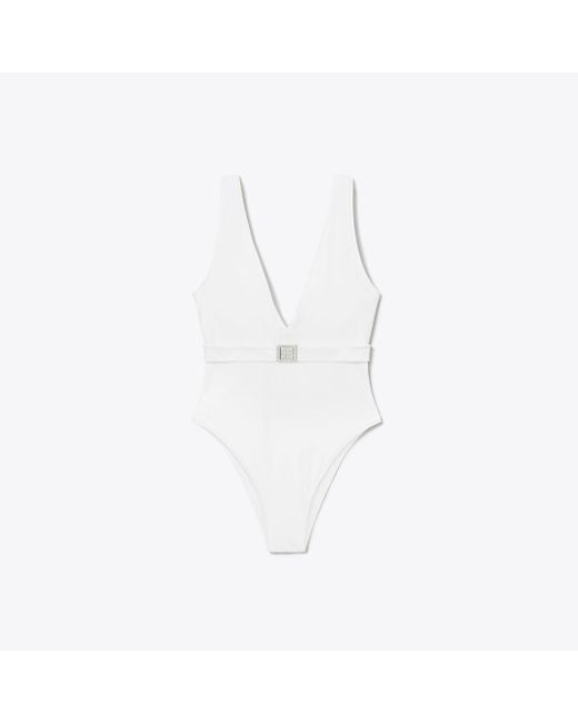 Tory Burch White Damen Badeanzug Mit Gürtel Und Logo