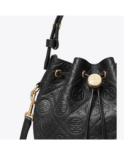 Tory Burch Black T Monogram Pebbled Mini Bucket Bag