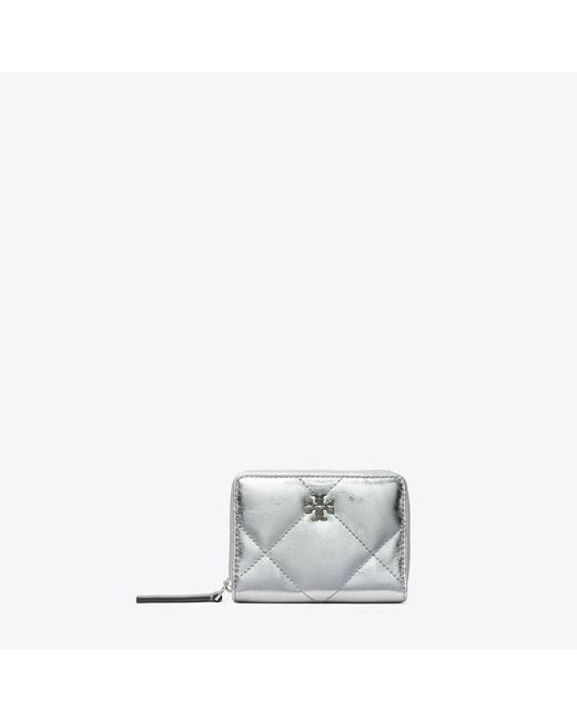 Tory Burch White Small Kira Diamond Quilt Metallic Zip-Around Wallet