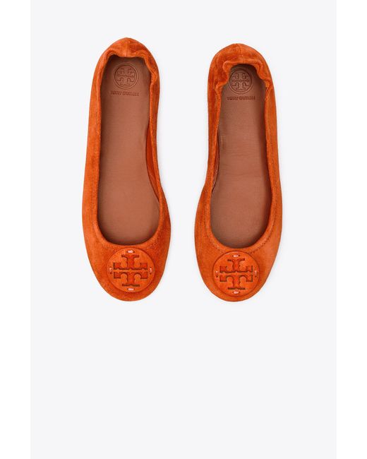 Tory Burch Minnie Travel Ballet Flats, Suede Logo in Orange | Lyst Canada