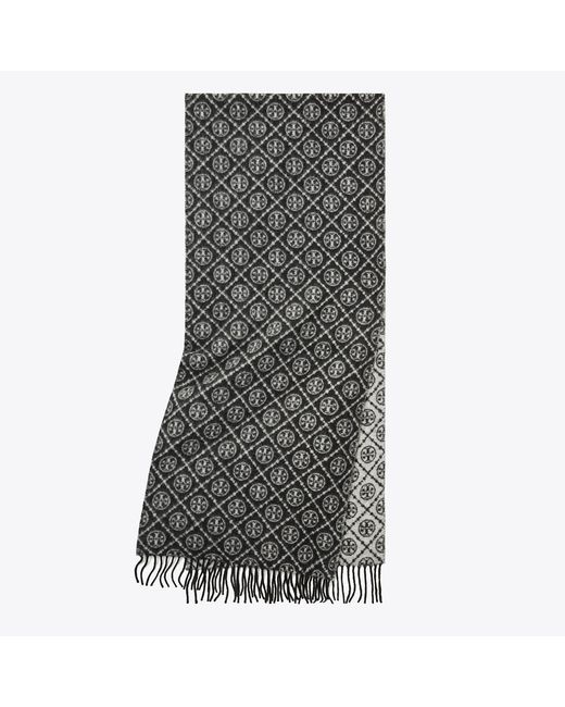 Tory Burch Gray T Monogram Oblong Scarf, One Size