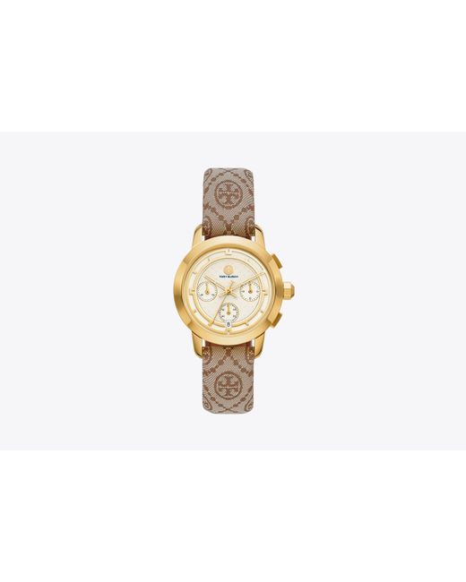 Tory Burch Black T Monogram Tory Watch, Jacquard/Luggage Leather/gold-tone Stainless Steel, 37 X 37mm