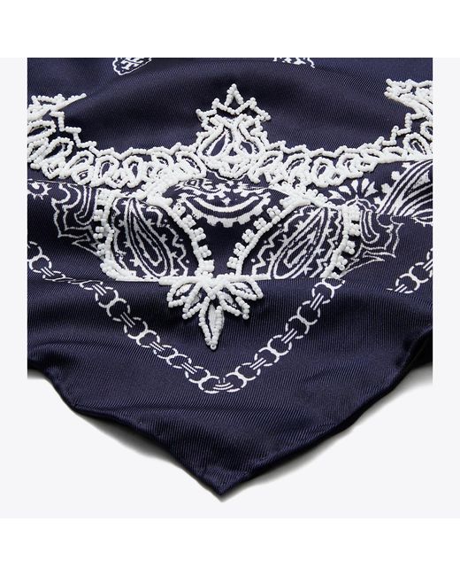 Tory Burch Blue Beaded Bandana Triangle Scarf