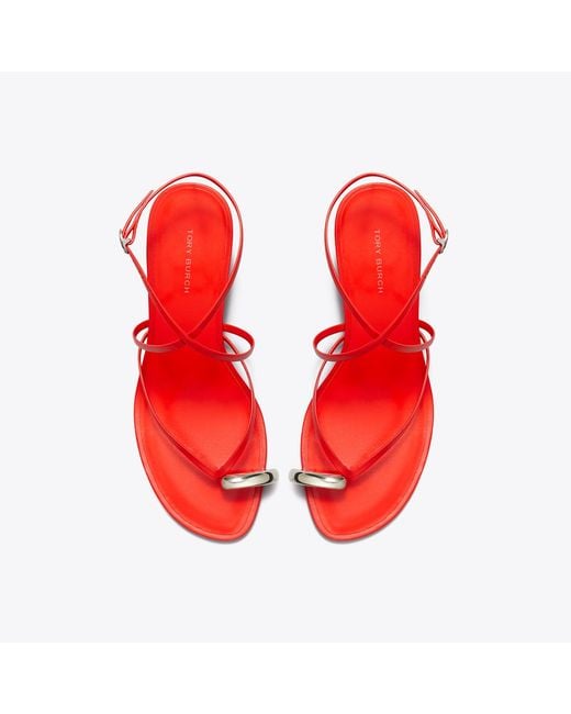 Tory Burch Red Pierced Multi-Strap Heeled Sandal