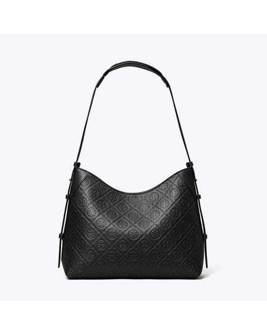 Tory Burch Black T Monogram Pebbled Messenger Bag, One Size