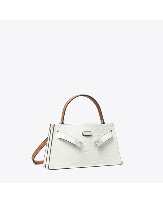 Tory Burch Natural Mini Lee Radziwill Croc-Embossed Top-Handle Bag