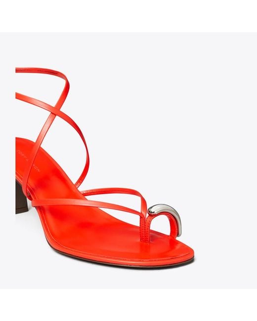 Tory Burch Red Pierced Multi-Strap Heeled Sandal